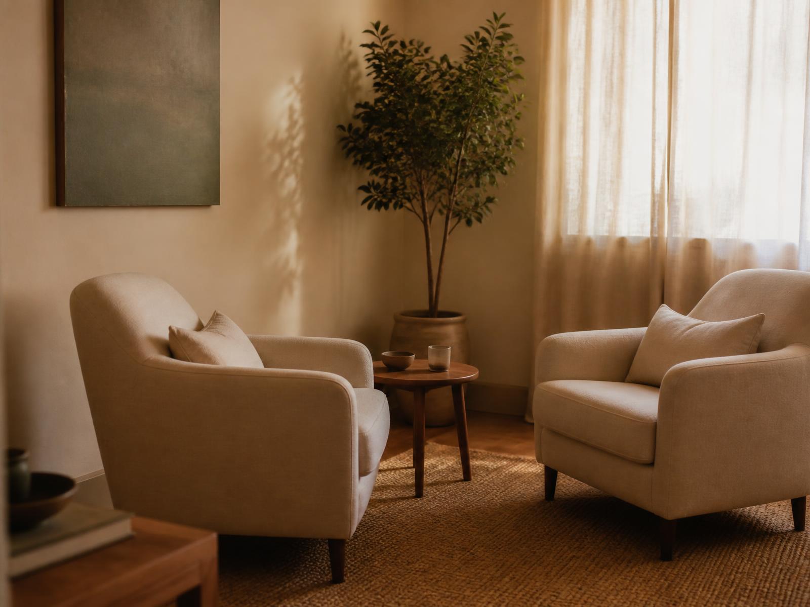 Two armchairs facing each other in a warm, sunlit therapy office
